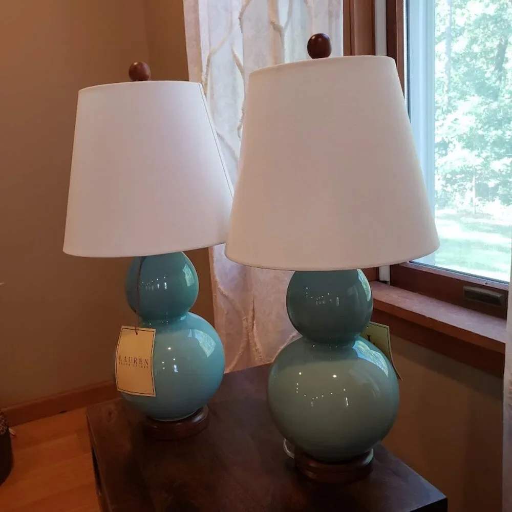NWT Rare Aqua Color Ralph Lauren Petite Double Gourd Pair of Lamps - Picture 10 of 16